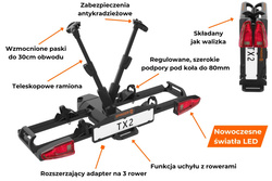 Spinder TX2 LED Bagażnik uchwyt rowerowy na hak na 2 rowery składany 13-PIN